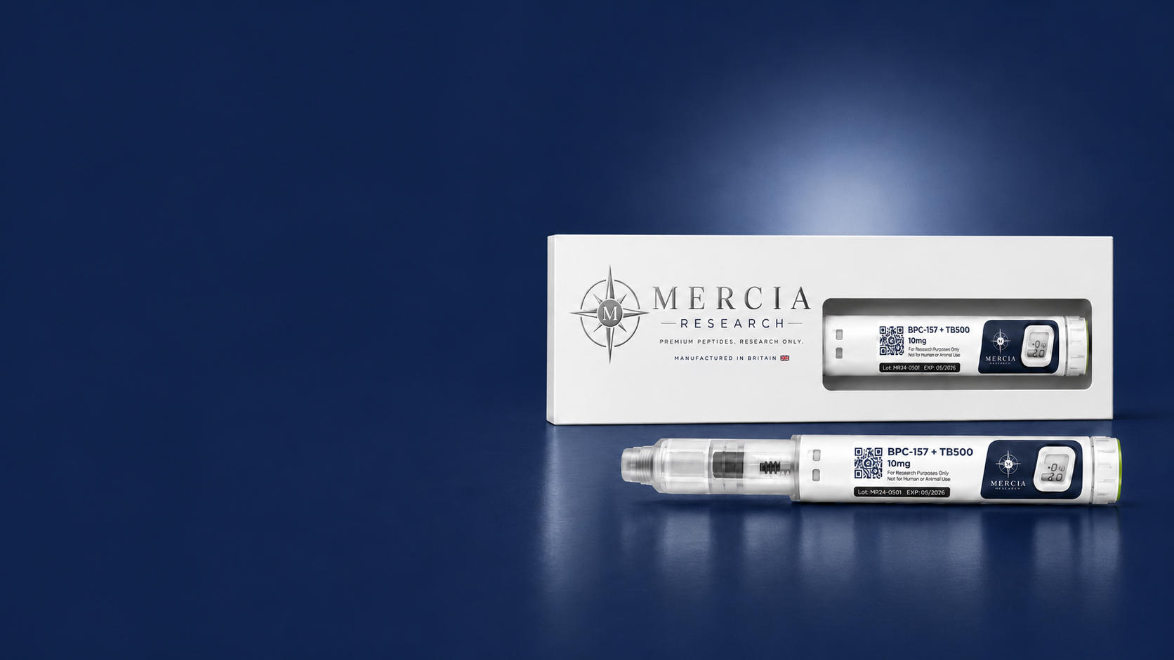 Mercia Research BPC-157 / TB-500 peptide pen and packaging on a navy background