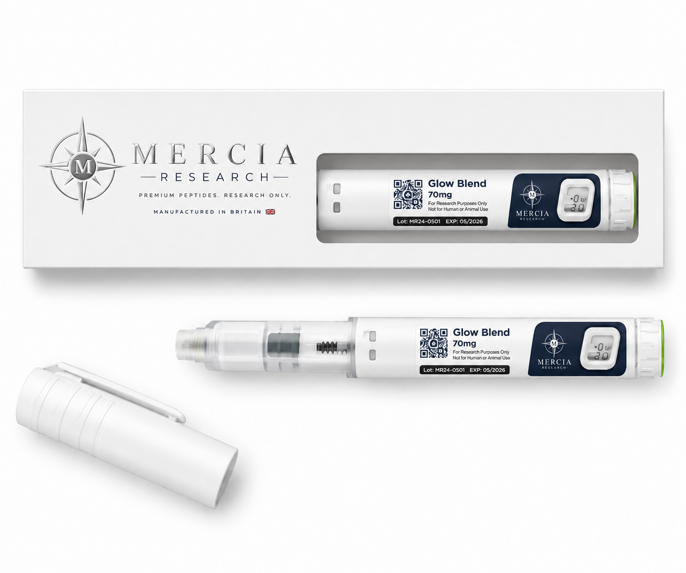 GLOW Blend 70mg (50mg/10mg/10mg) โ Mercia Research liquid peptide research cartridge