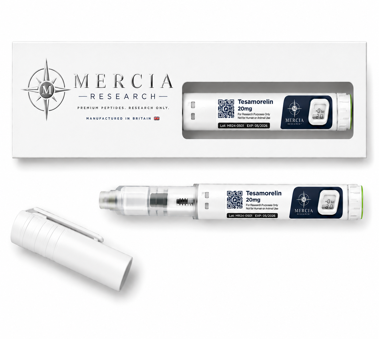 Tesamorelin 20mg — 20mg liquid peptide research cartridge, Mercia Research